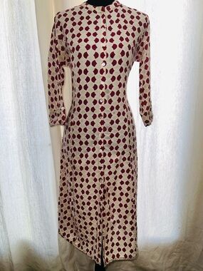 Mother Earth Button Front Shirt Dress Boho Midi Cream Burgundy Print Size M